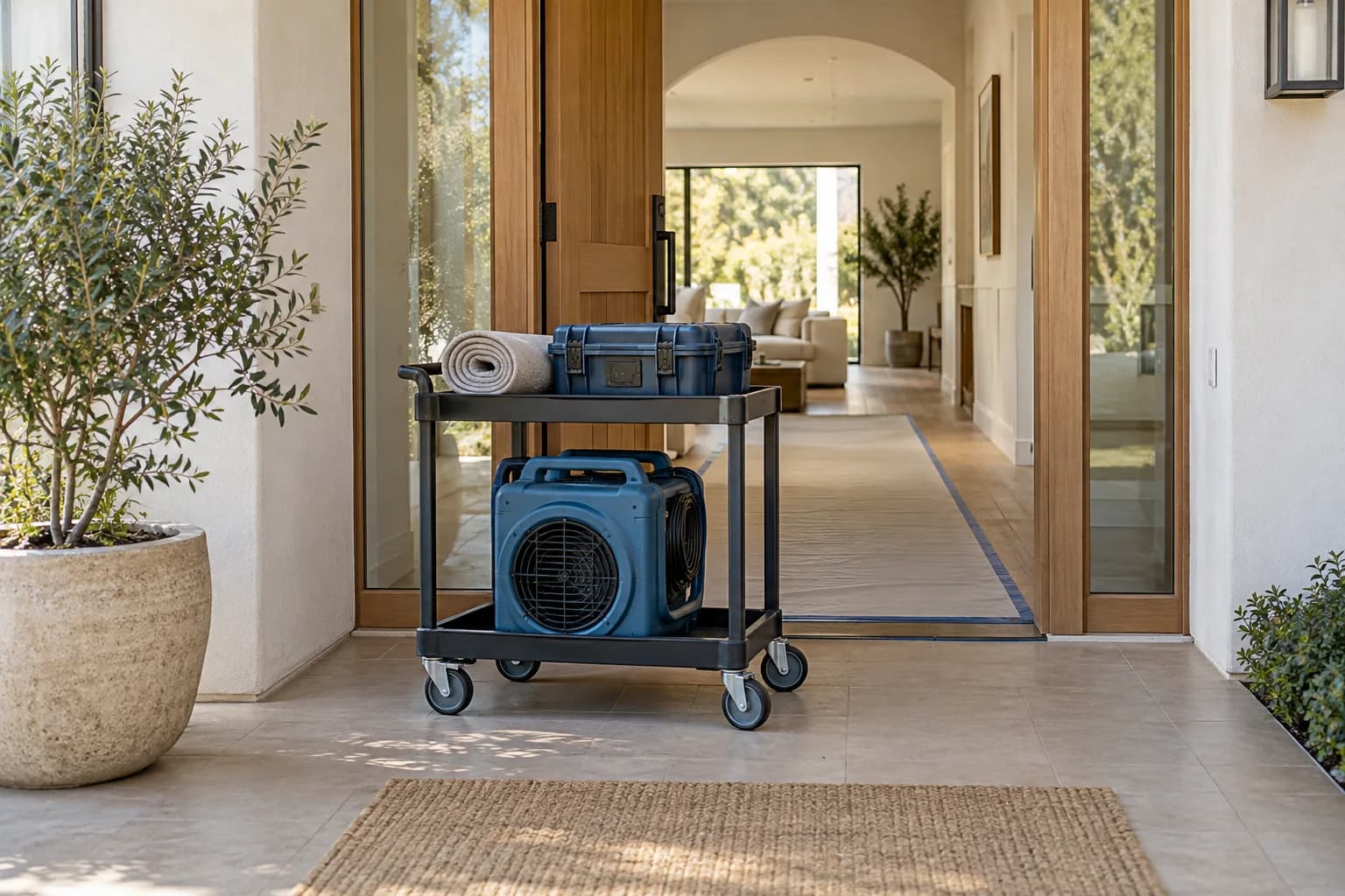 Illustration of a service cart carrying floor protection, a tool case and portable equipment at a home's entrance.