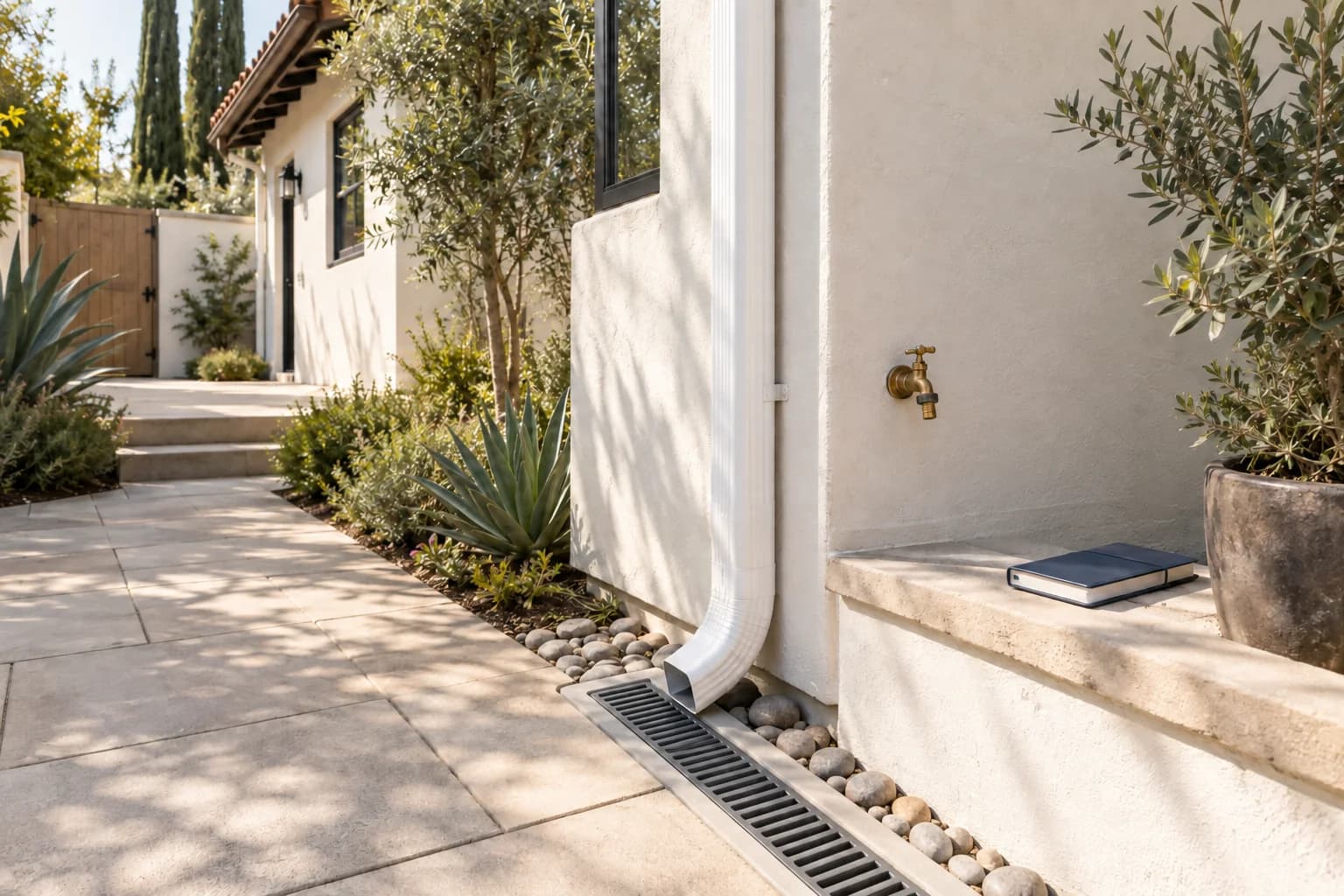 Illustration of a sunlit stucco home with a downspout, grated drain, outdoor faucet and inspection notebook.