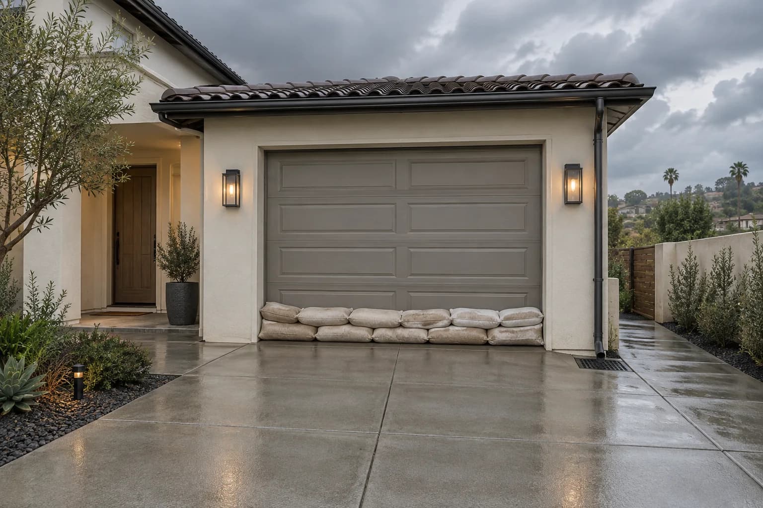 Illustration of sandbags across a garage threshold beneath cloudy skies, with a downspout and drain beside the driveway.