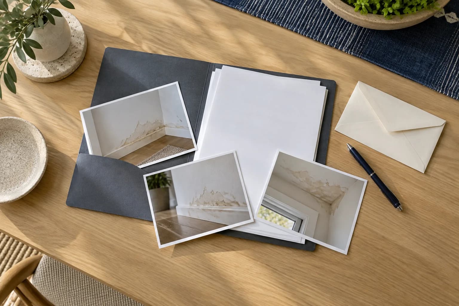 Illustration of an open document folder, water damage photographs, a blank envelope and a pen on an oak table.