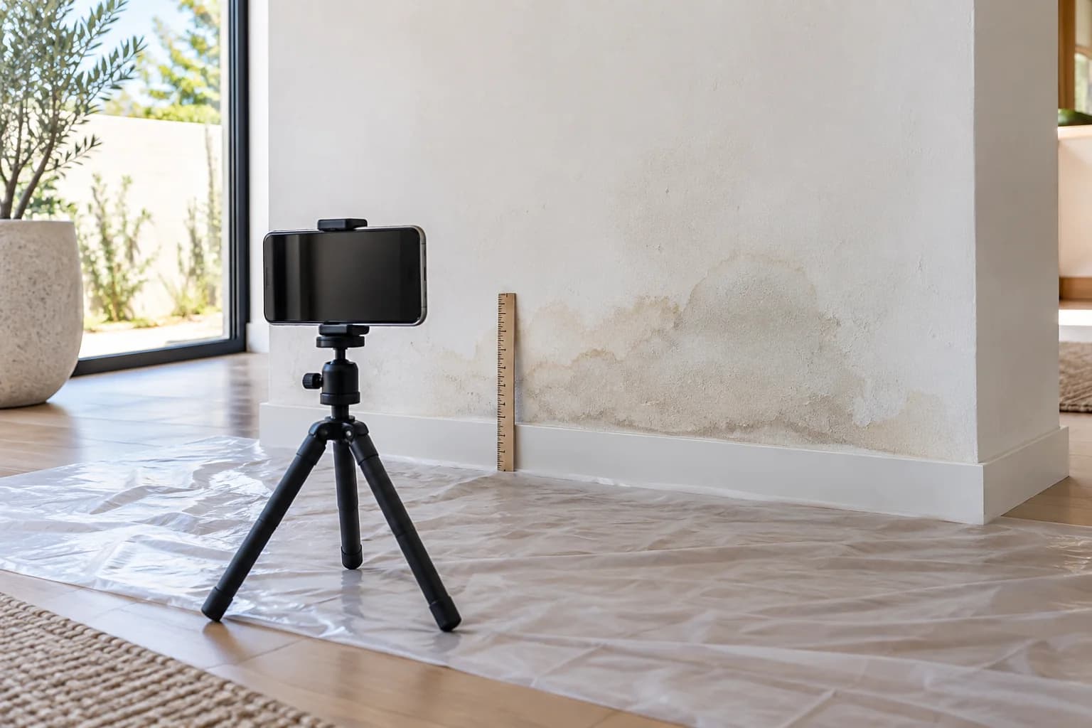 Illustration of a smartphone on a tripod facing a water-stained wall, with a measuring rule beside the affected area.
