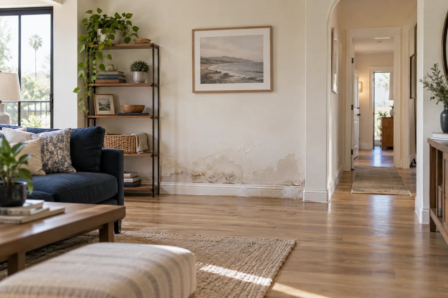 Illustration of a sunlit living room with water staining and peeling paint above the baseboard, a navy sofa and an open hallway.