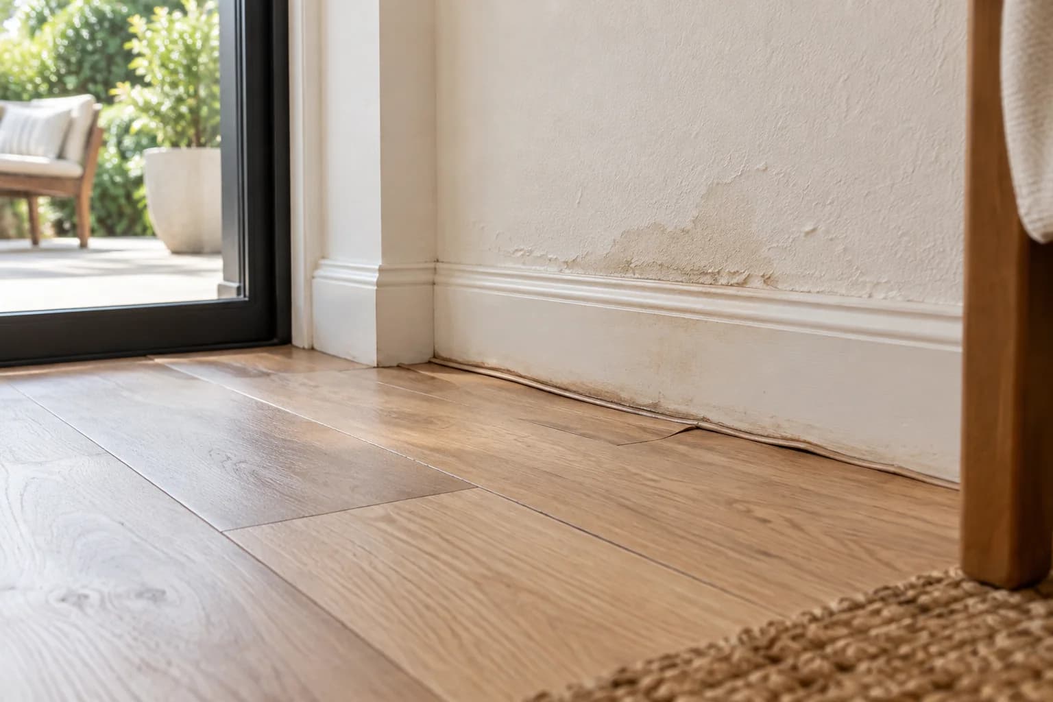 Illustration of water staining and peeling paint along a baseboard, with lifted oak floor edges beside a patio door.