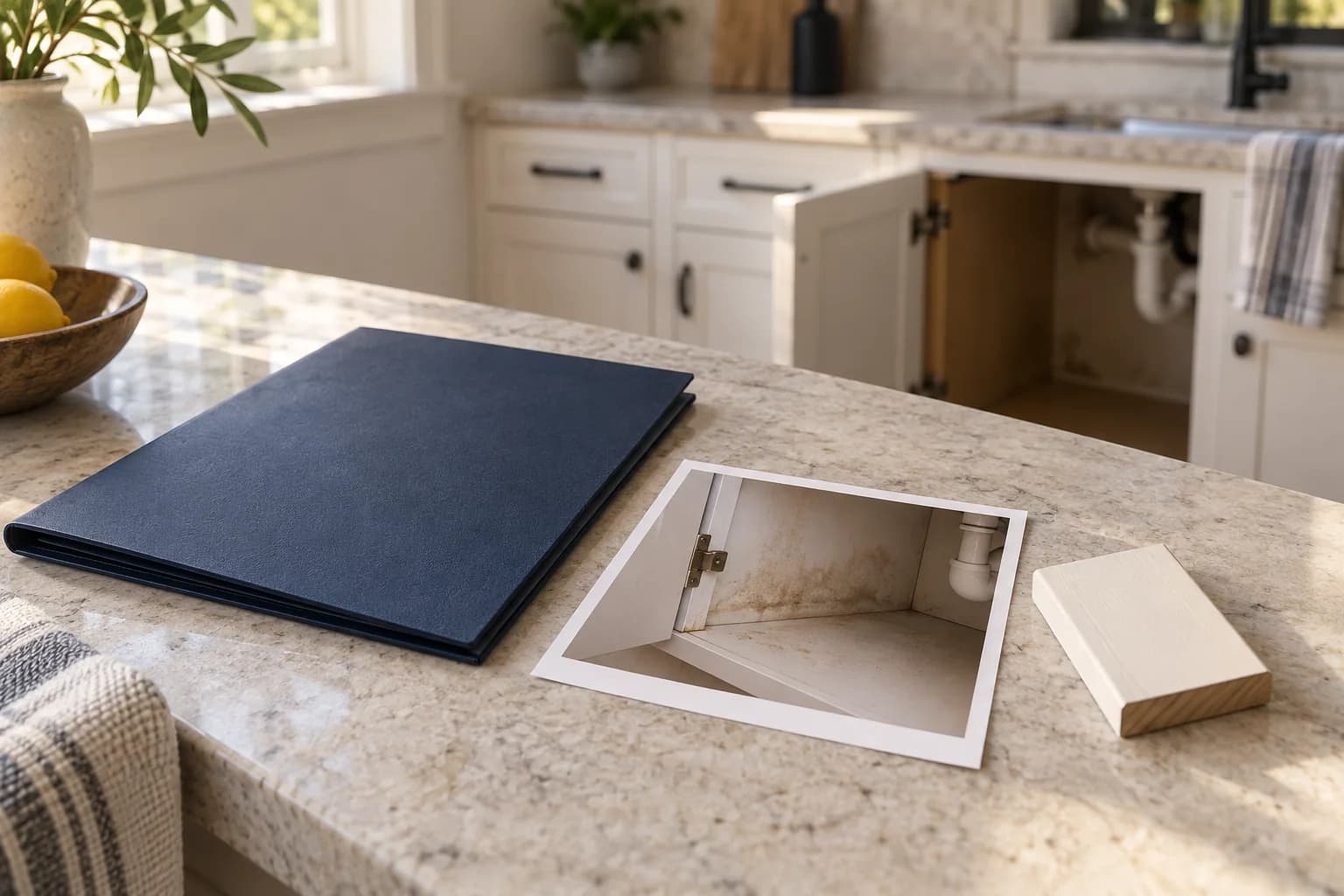 Illustration of a navy folder, a photograph of cabinet moisture staining and a wood sample on a kitchen counter.