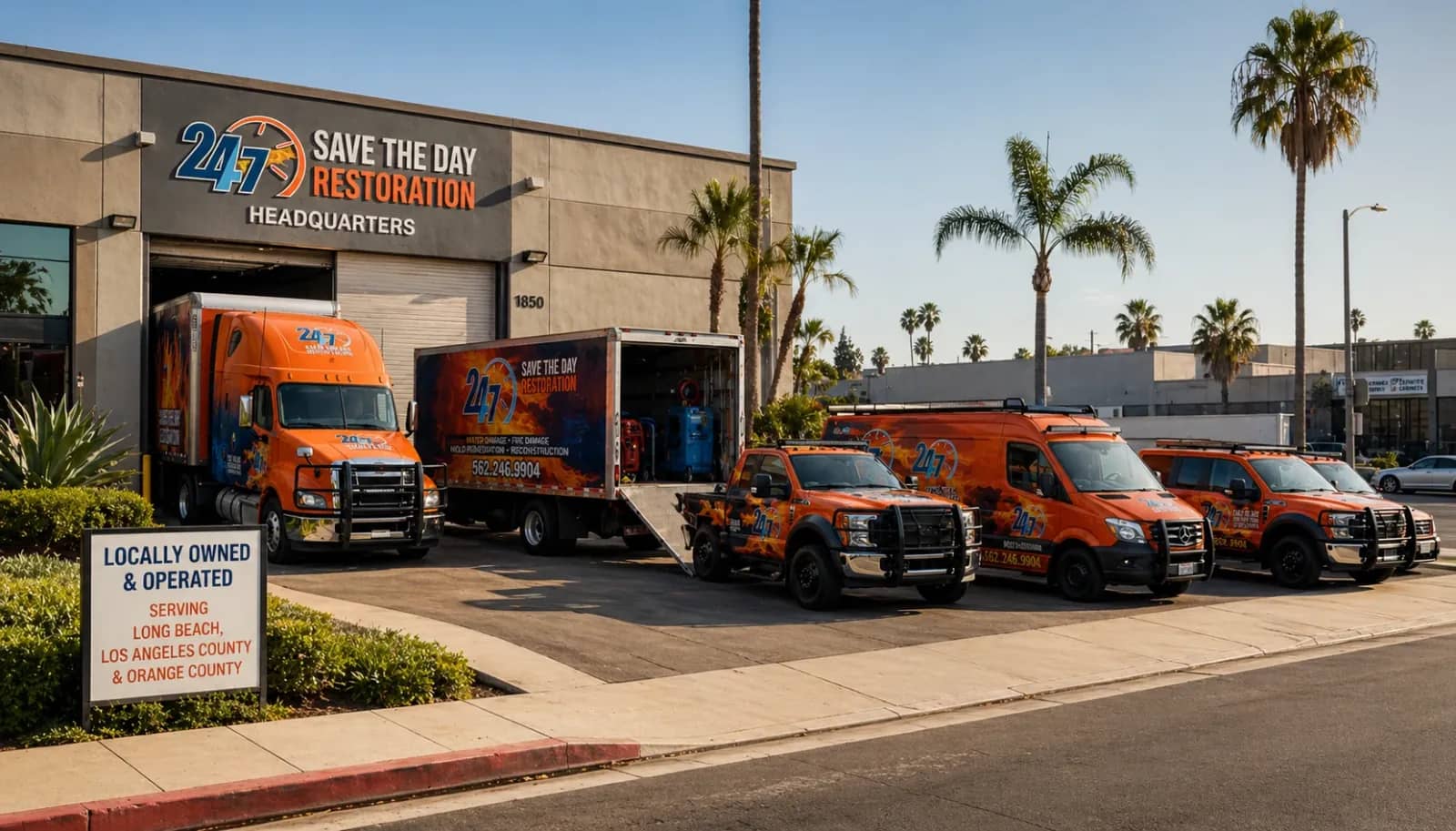 Save The Day Restoration’s orange service fleet parked outside its headquarters, with company branding visible