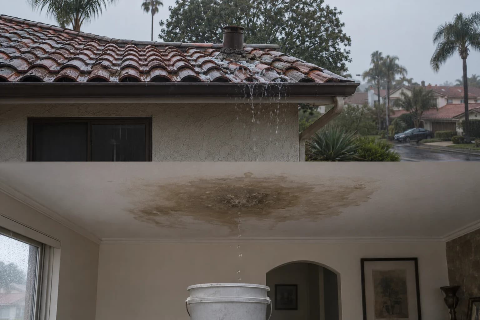 Illustration: Roof Leak Damage From Storms: What Every LA & Orange County Homeowner Needs To Know